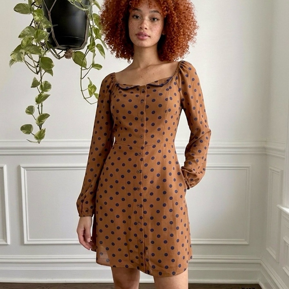 Brown Polka Dot Long Sleeve Mini Dress